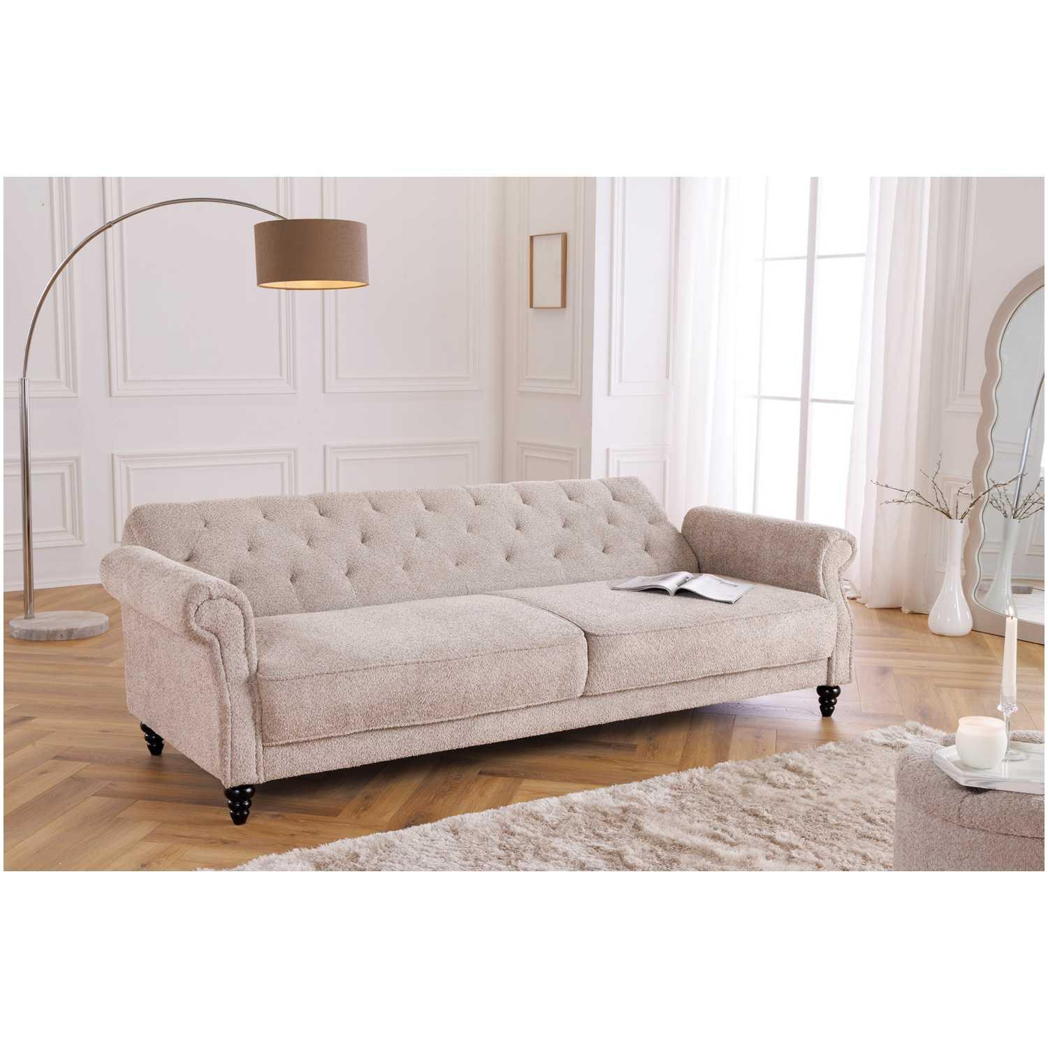 Bettsofa Chesterfield Landhaus Bouclé Stoff greige 220