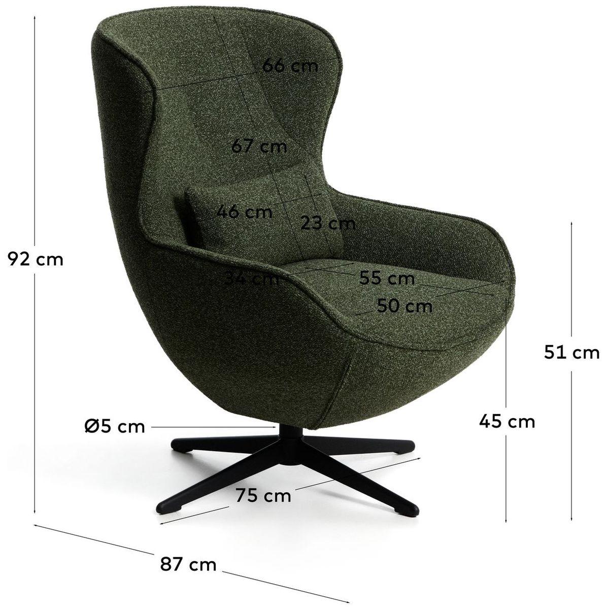 Drehsessel Sorile mit dunkelgrüner Chenille und schwarz lackiertem Stahl FSC 100%