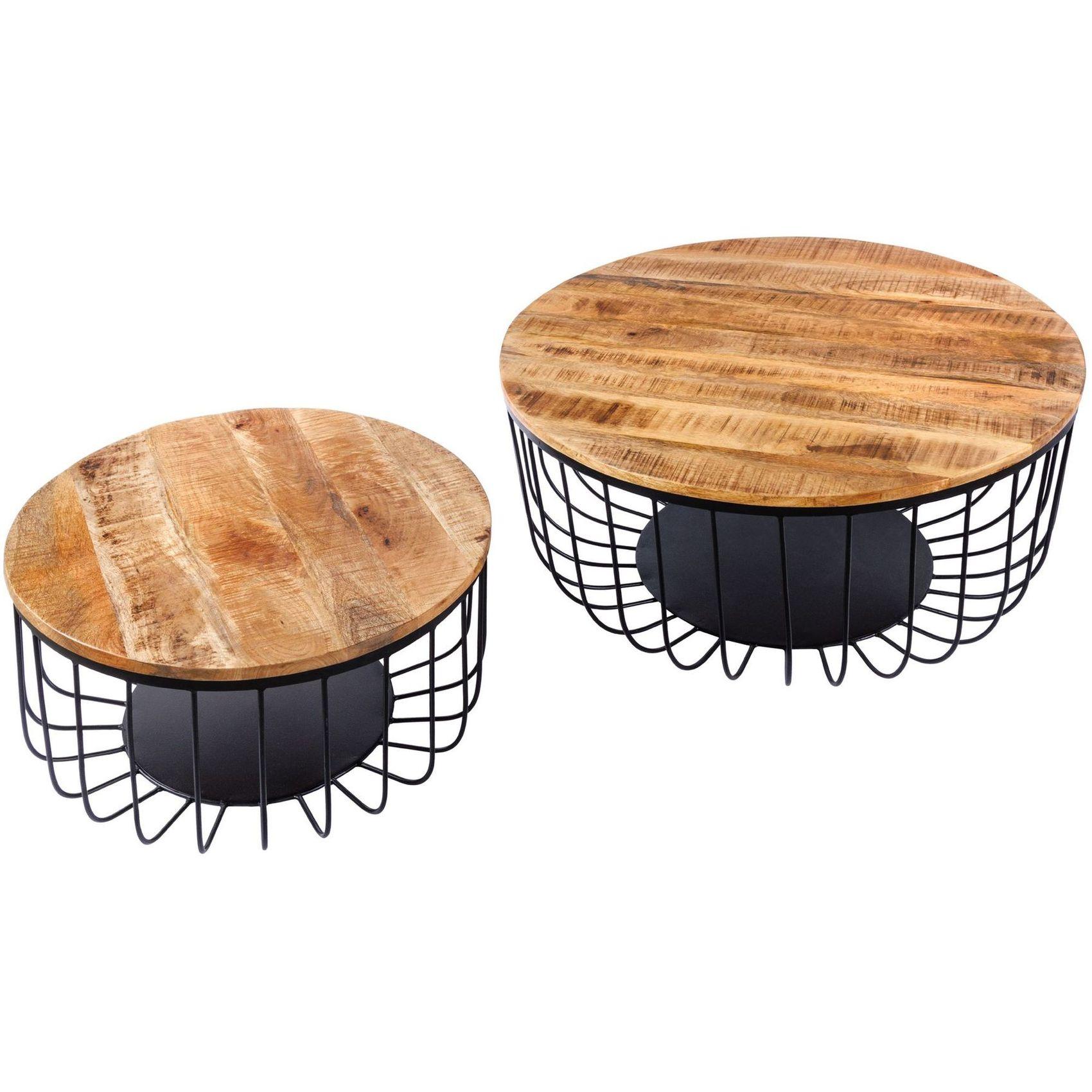 Couchtisch mit Aufbewahrungskorb Metall schwarz Mangoholz natur (2er-Set)