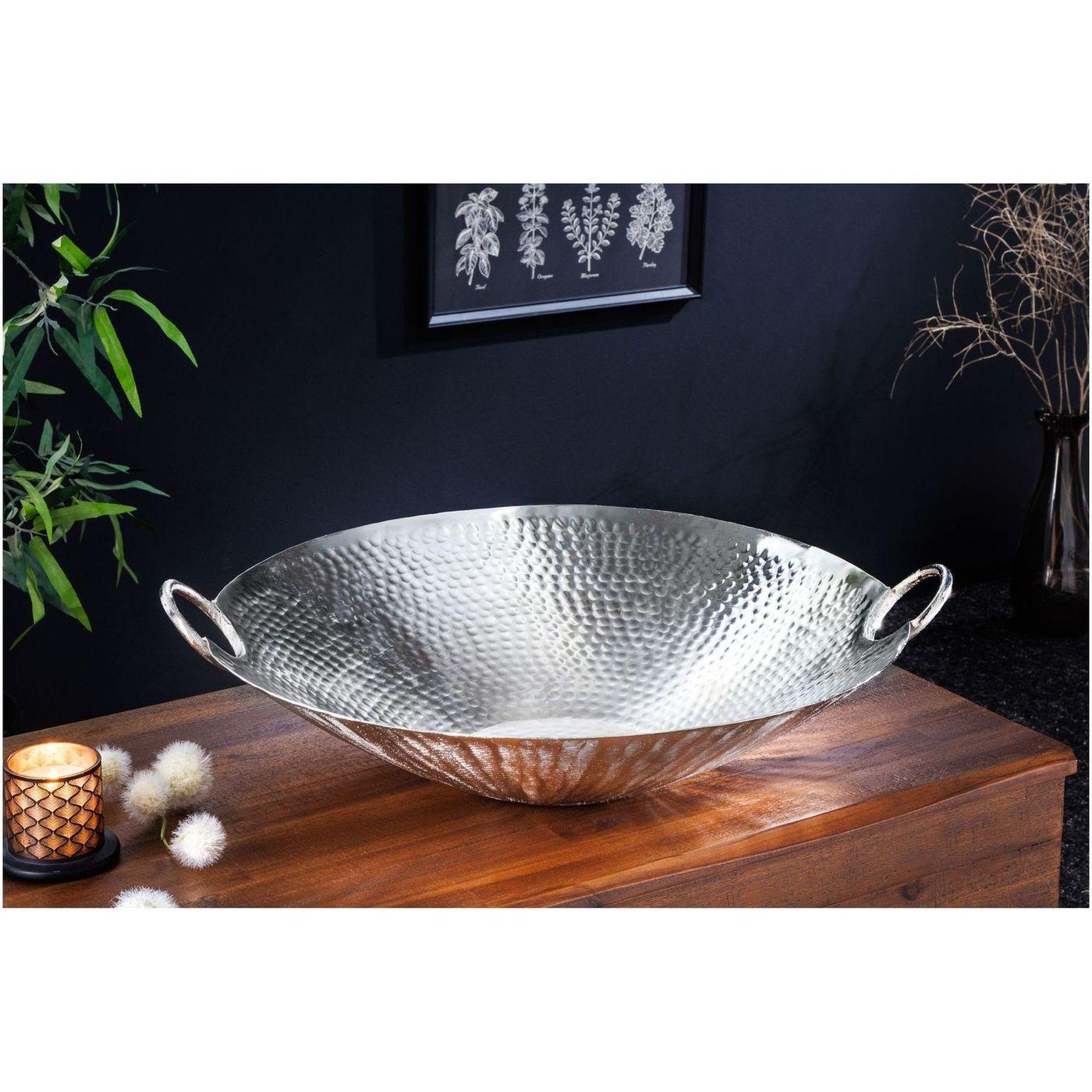 Deko Schale Bazzar mit Griff Hammerschlag silber 57x50