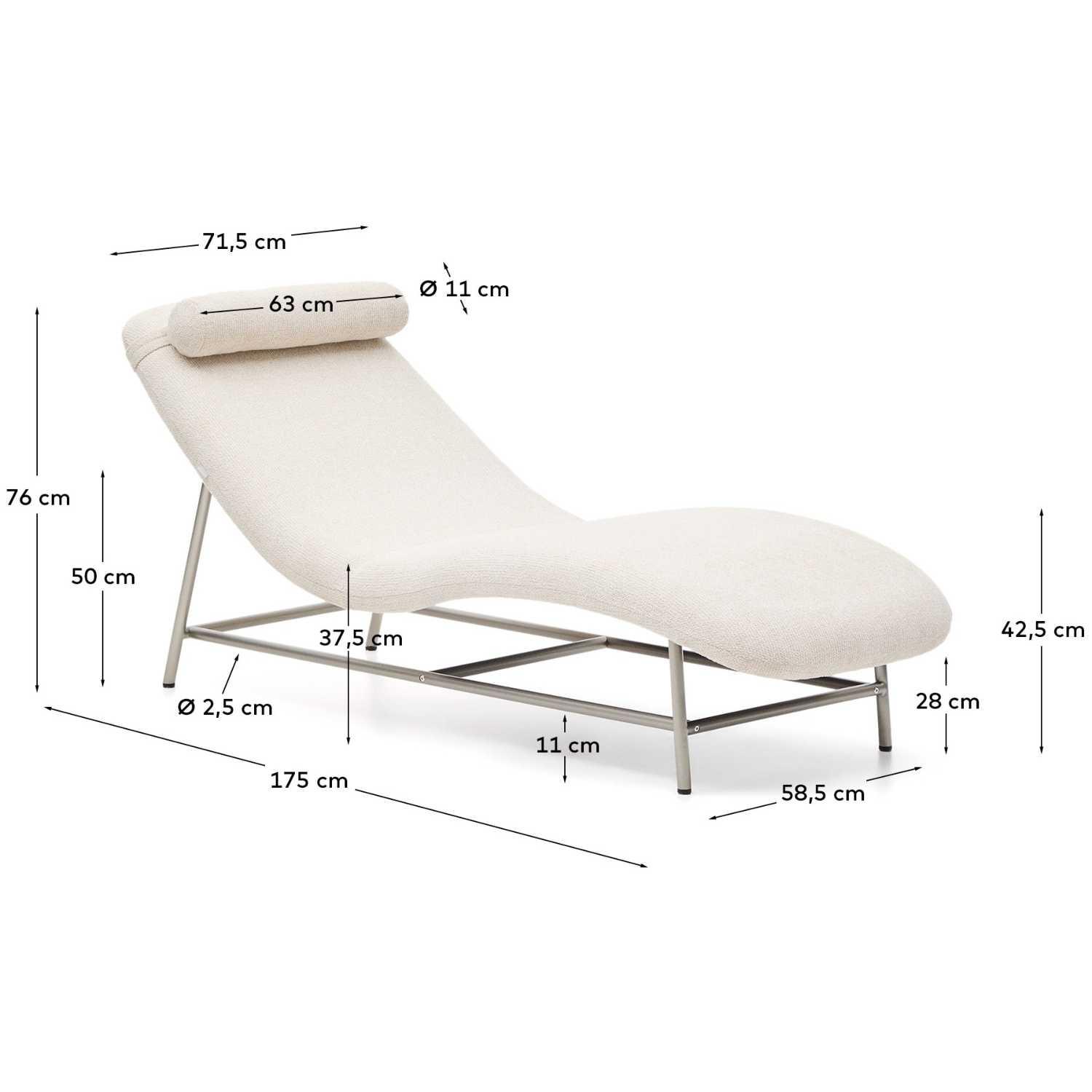 Liege Divan Osla mit beiger Chenille und Beinen aus gebürstetem Edelstahl 175 cm