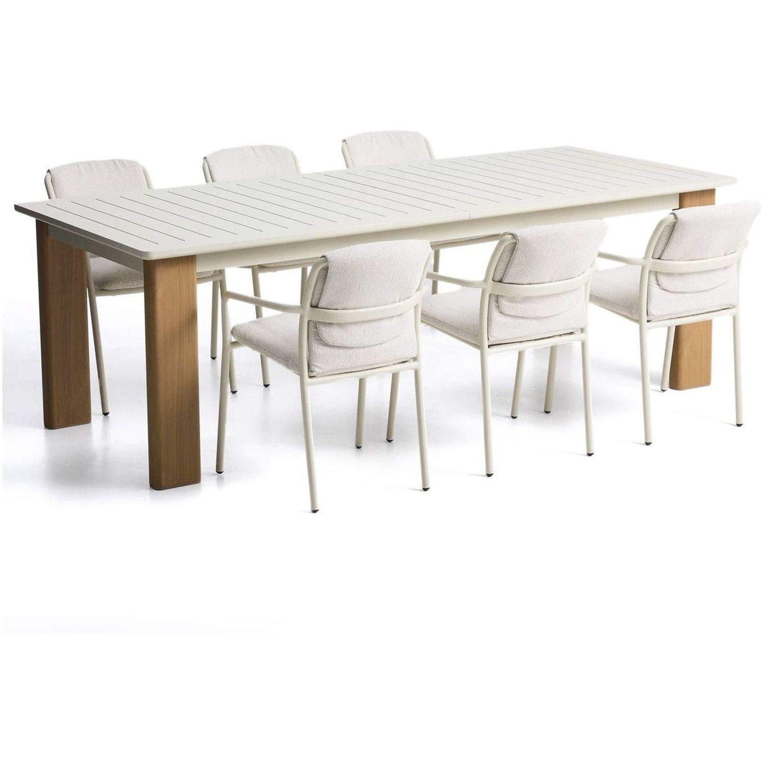 Ausziehtisch-Set Livorno aus Aluminium beige mit Holzoptik-Beinen und 6 Stapelstühlen Linosa aus Aluminium Ecru mit beigem Kissen 205-287x100