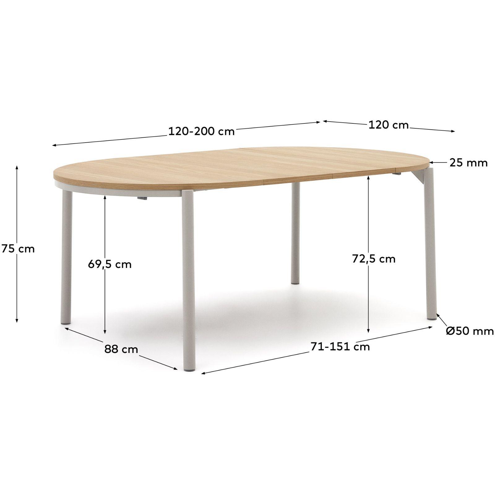 Ausziehtisch rund Montuiri Eichenfurnier natur Stahlbeine grau 120-200x120