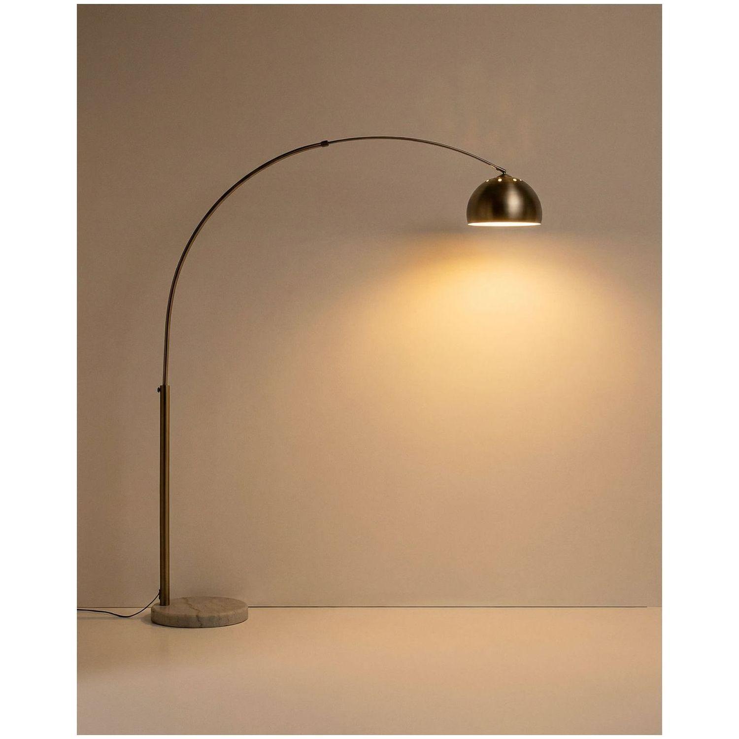 Bogenlampe Stehlampe Madali aus Stahl mit silbernem gebürstetem Finish und weissem Marmor