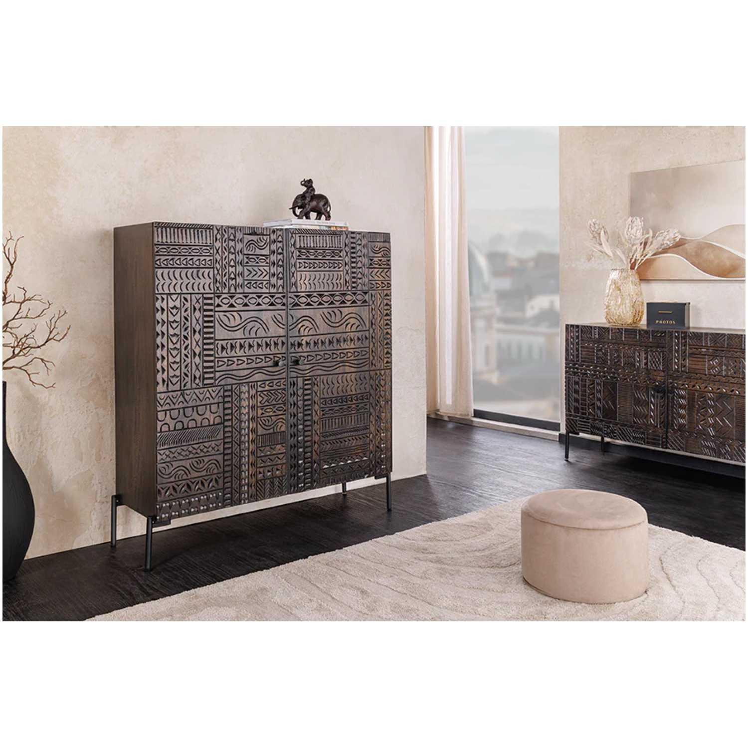 Hochkommode Vintage Ornament Mangoholz braun 100x120