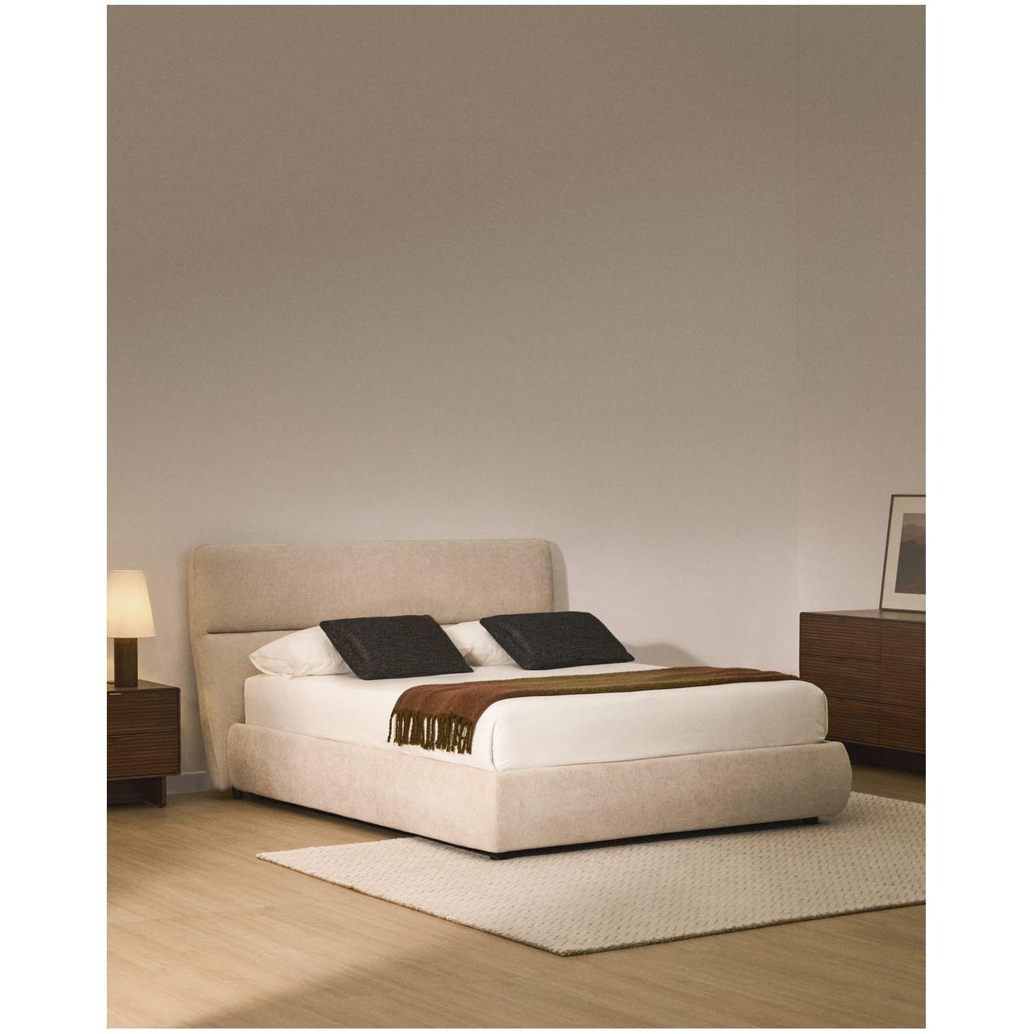 Abziehbares Bett Dafra aus beigefarbener Chenille mit Klappbettkasten - Grösse: 180x200