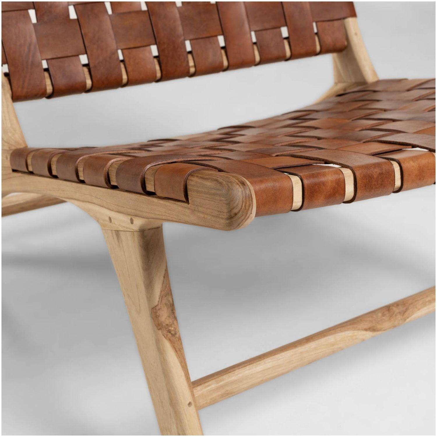 Holzsessel Calixta Teakholz Ledergeflecht braun