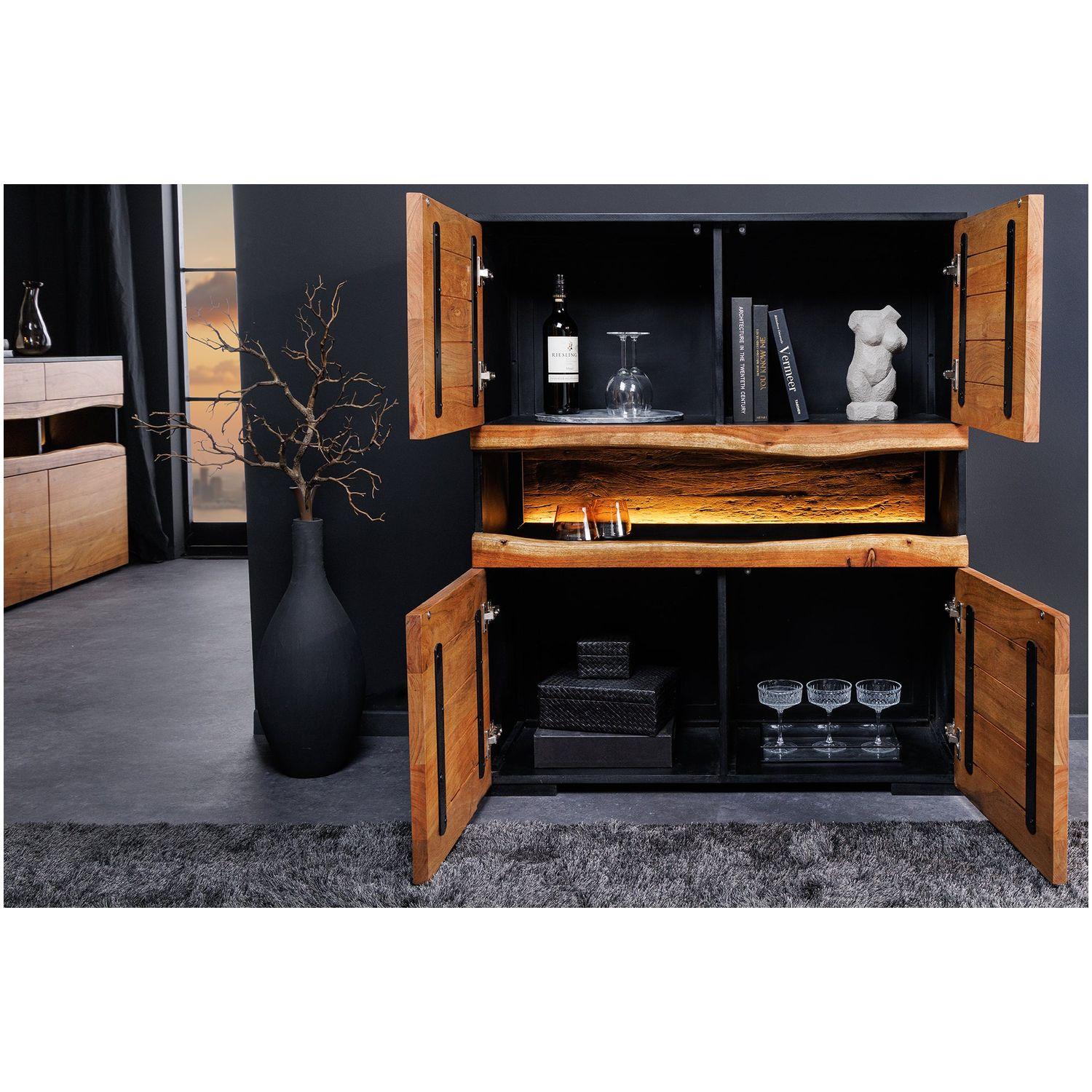Hochkommode Baumkante Unikat Akazienholz natur schwarz 100x120 (mit LED Beleuchtung)