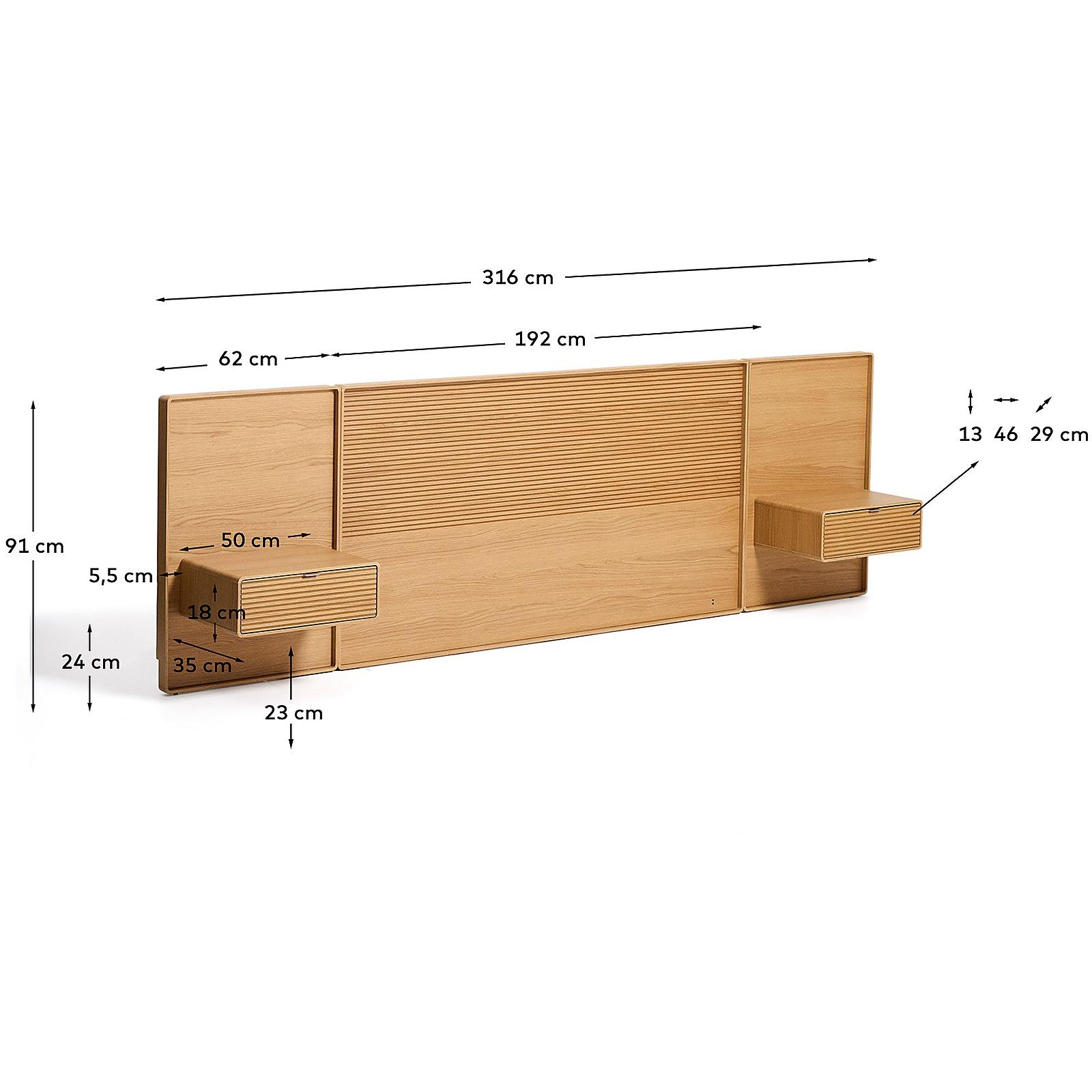 Bettkopfteil Norlen mit 2 Nachttischen aus Eichenfurnier mit naturfarbenem Finish und LED-Licht für Betten bis zu 180 FSC Mix Credit