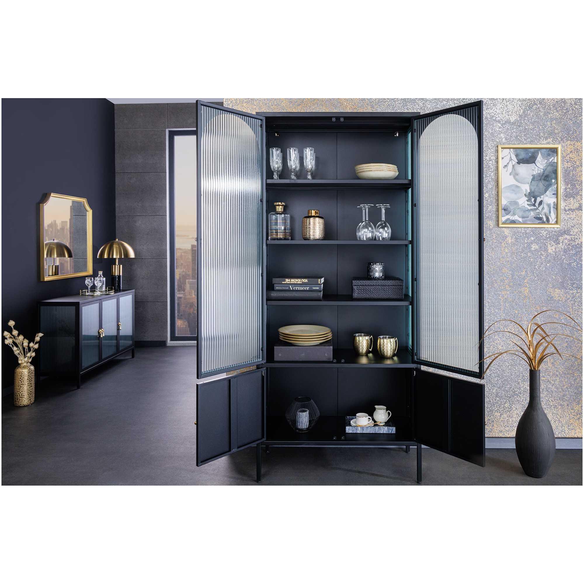 Standvitrine Cologne Metall schwarz geriffeltes Glas 80x180