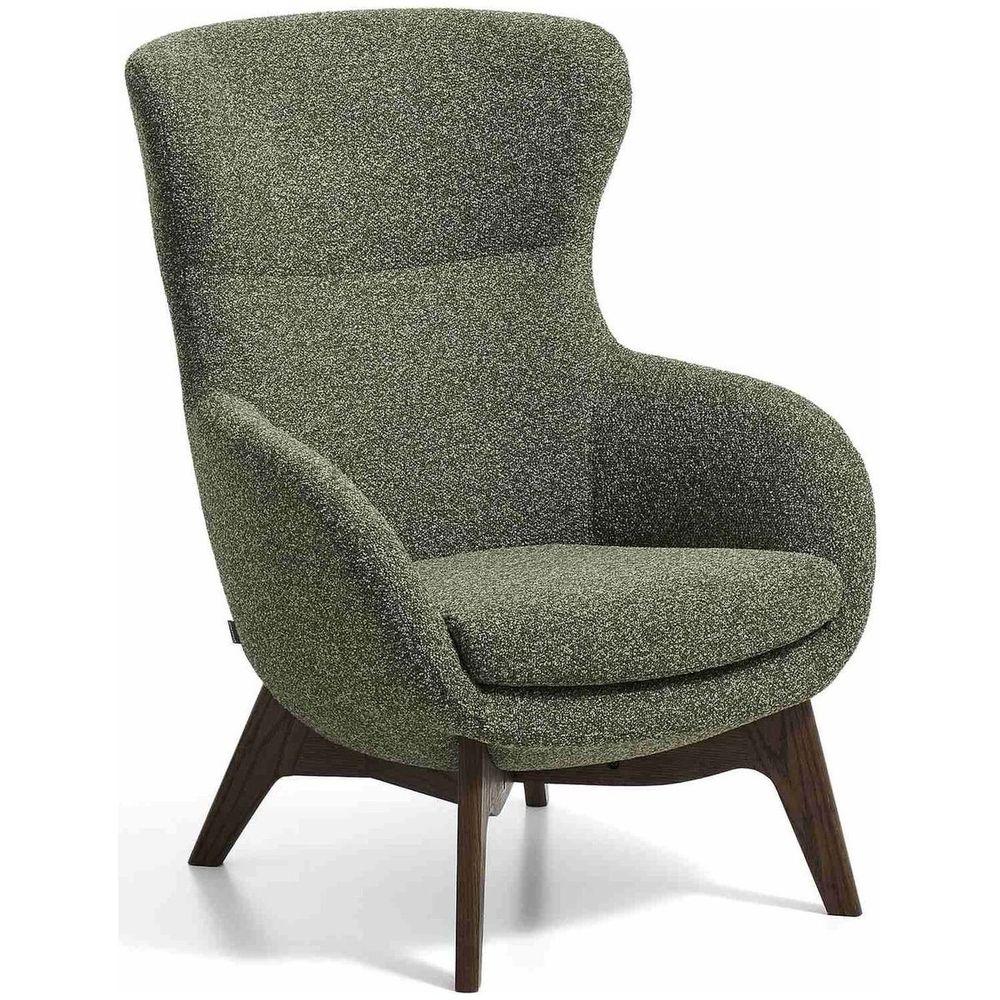 Ohrensessel Adiran dicker Chenille Moosgrün Beinen Eichenholz massiv Nussbaum-Finish