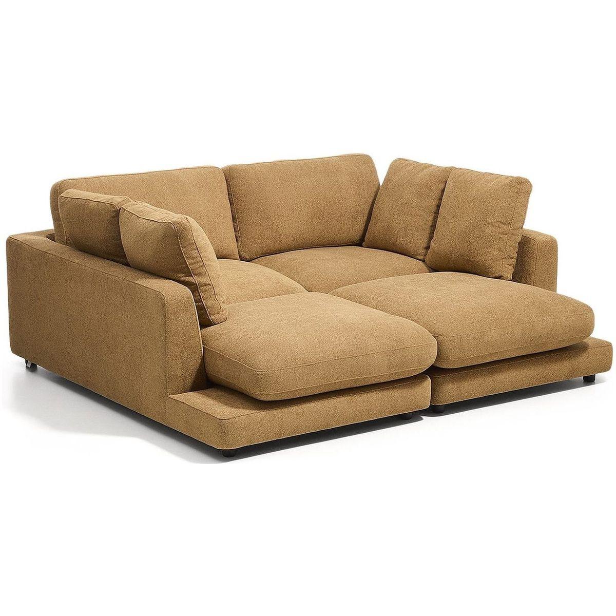 3-Sitzer-Sofa Gala aus Microbouclé mit doppelter Chaiselongue in Senfgelb FSC Mix Credit 210x193