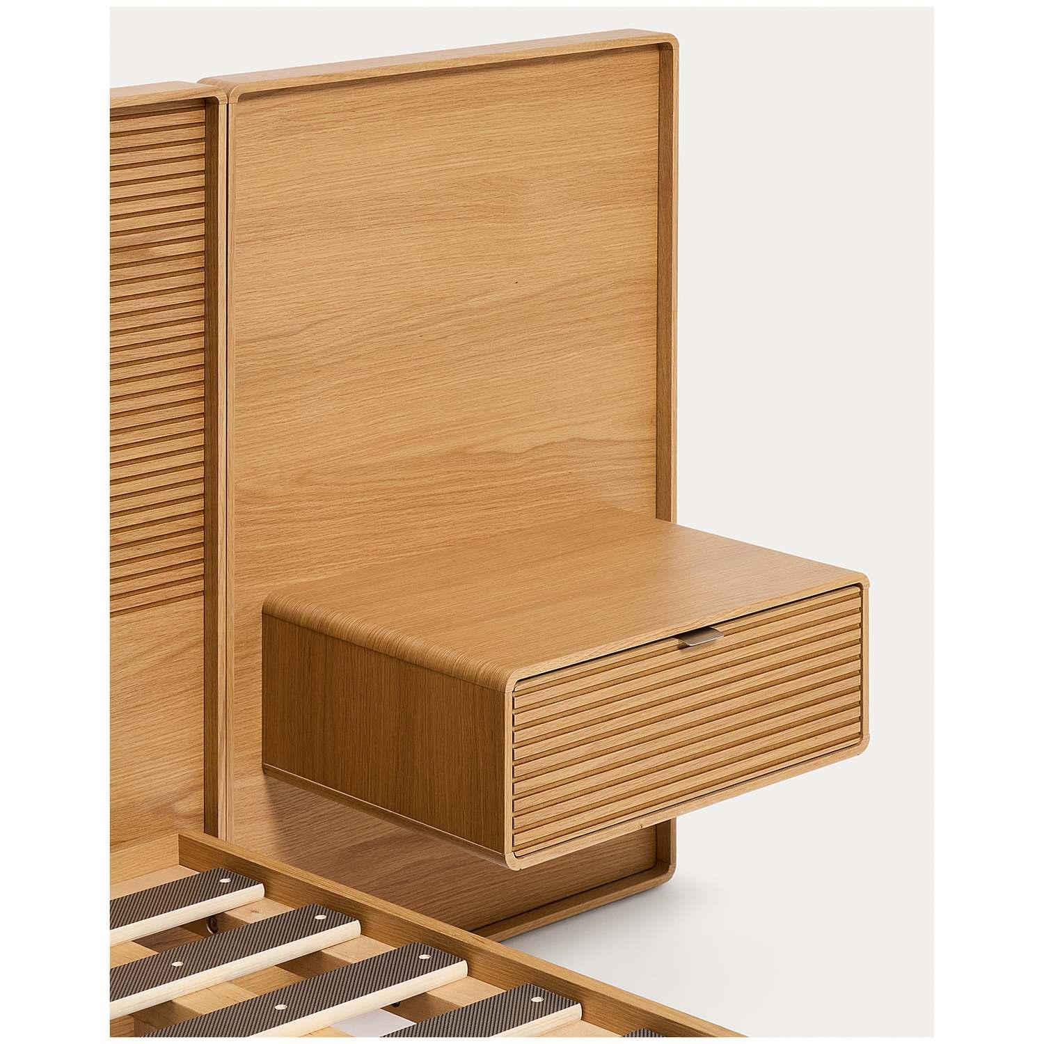Bett Norlen mit 2 Nachttischen aus Eichenfurnier mit naturfarbenem Finish und LED-Licht für Matratzen 160x200 FSC Mix Credit
