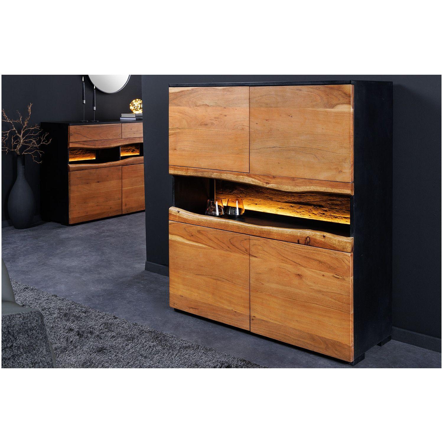 Hochkommode Baumkante Unikat Akazienholz natur schwarz 100x120 (mit LED Beleuchtung)