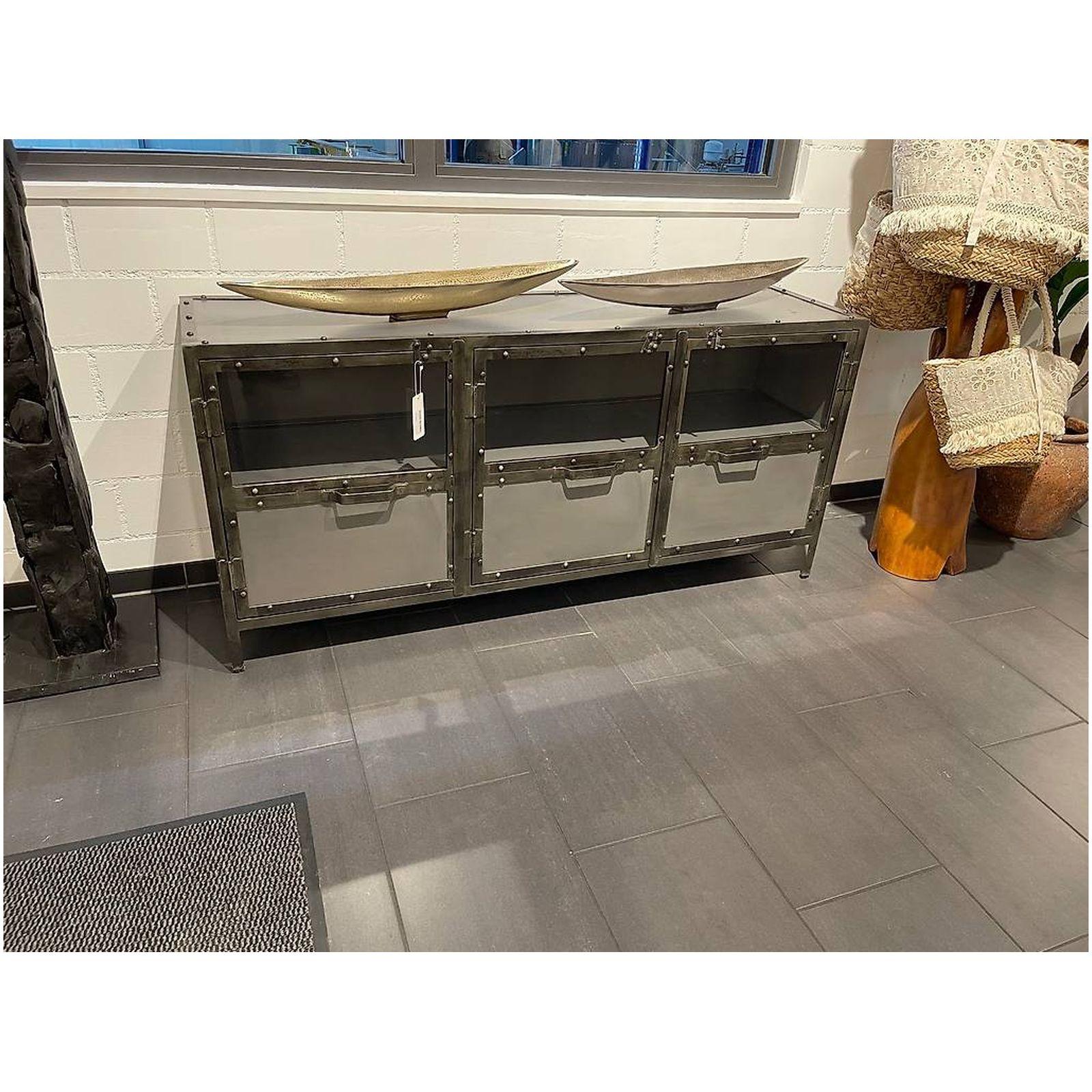 AUSSTELLUNGSSTÜCK - Sideboard Metall Glas Industrial Loft vintage grau 150