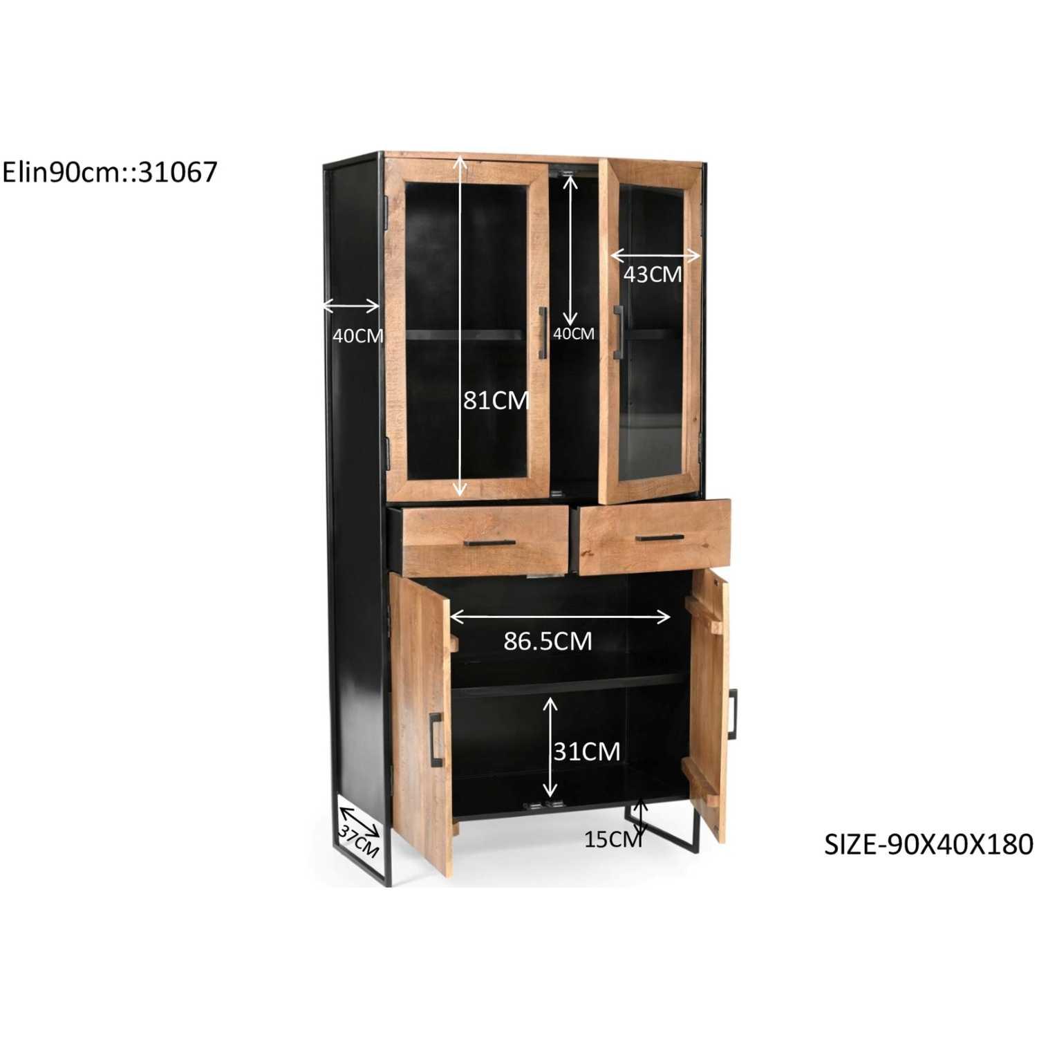 Standvitrine Elena Industrial Mangoholz natur Metall schwarz 90x180