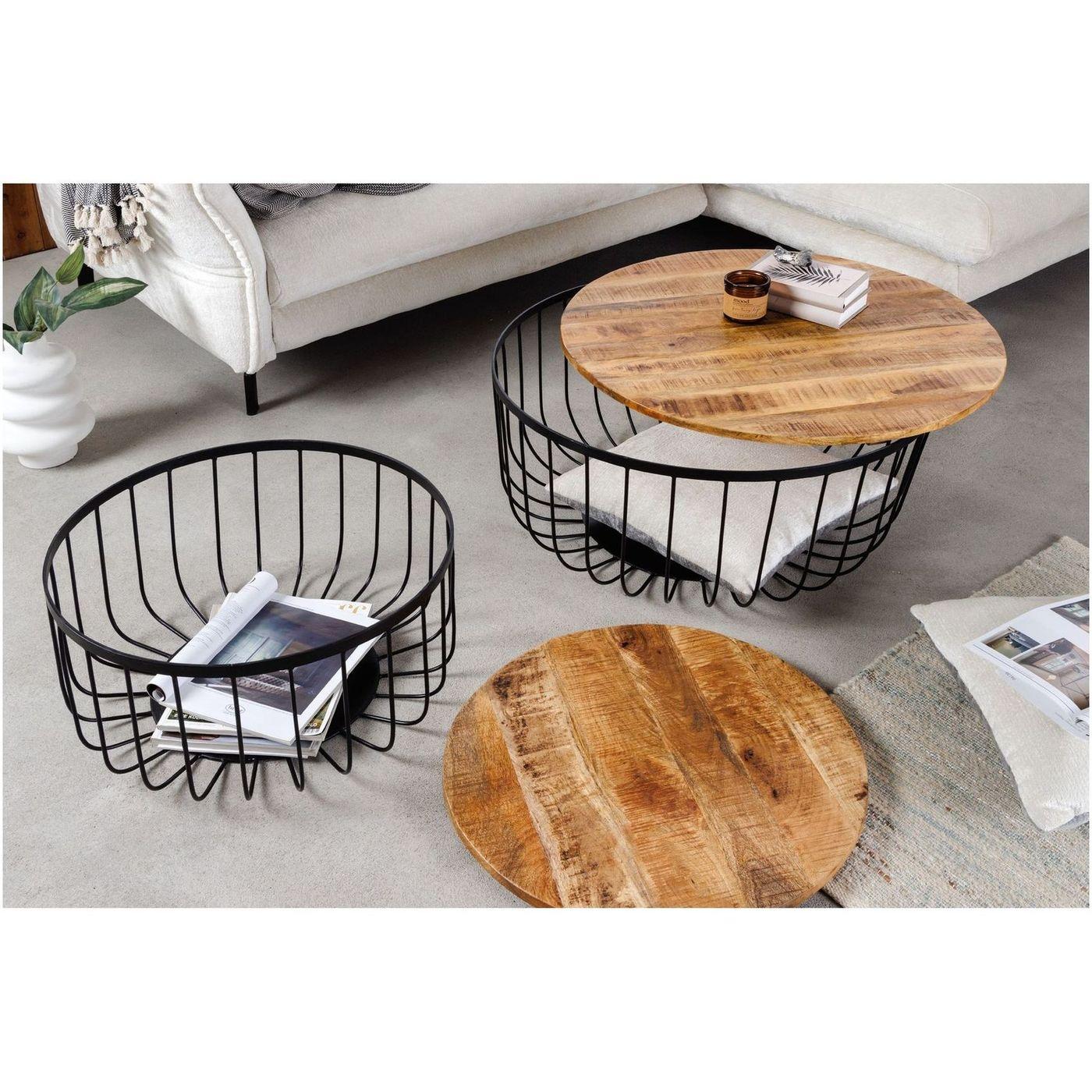 Couchtisch mit Aufbewahrungskorb Metall schwarz Mangoholz natur (2er-Set)