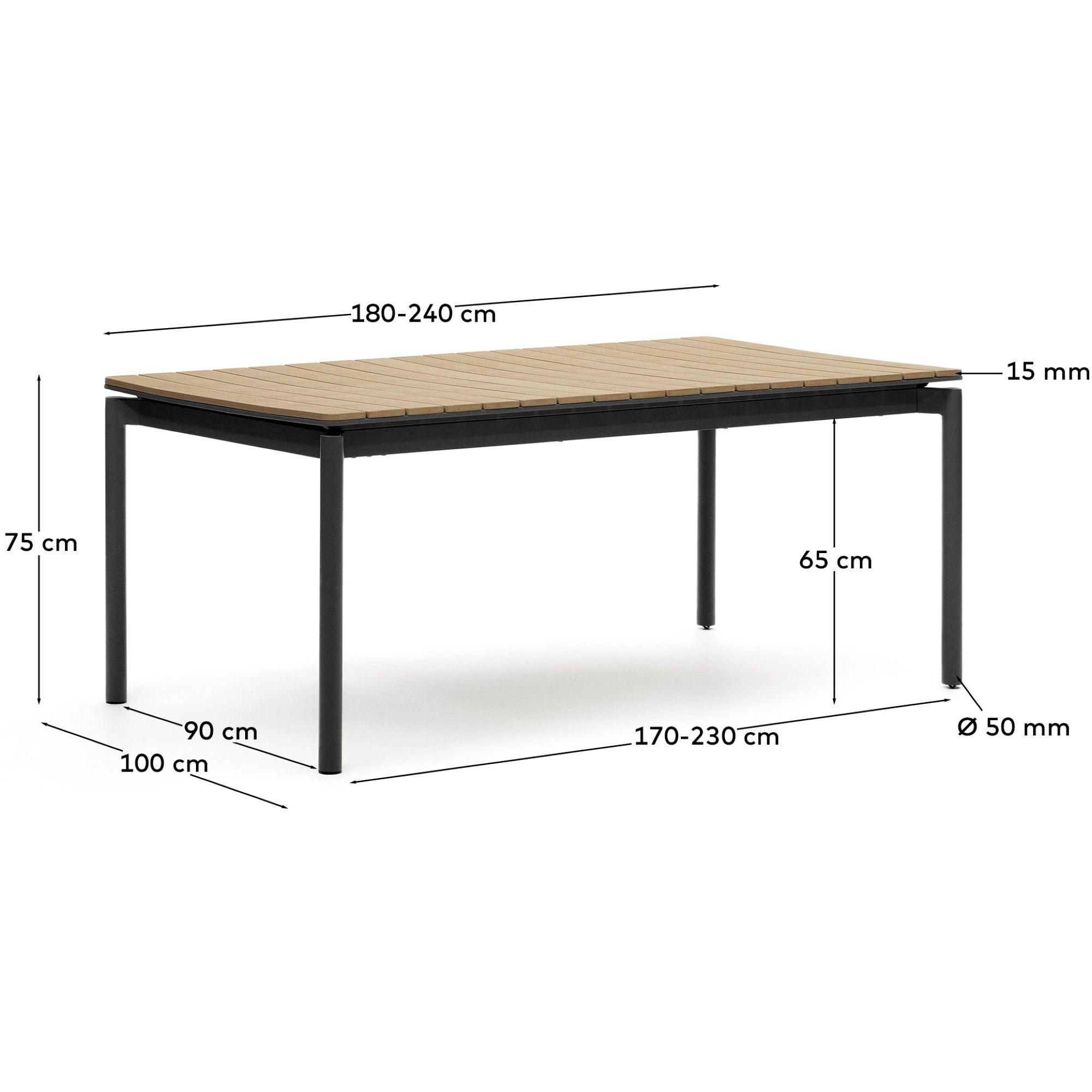 Canyelles Gartenausziehtisch aus Poly-Holz und mattschwarzem Aluminium 180-240x100