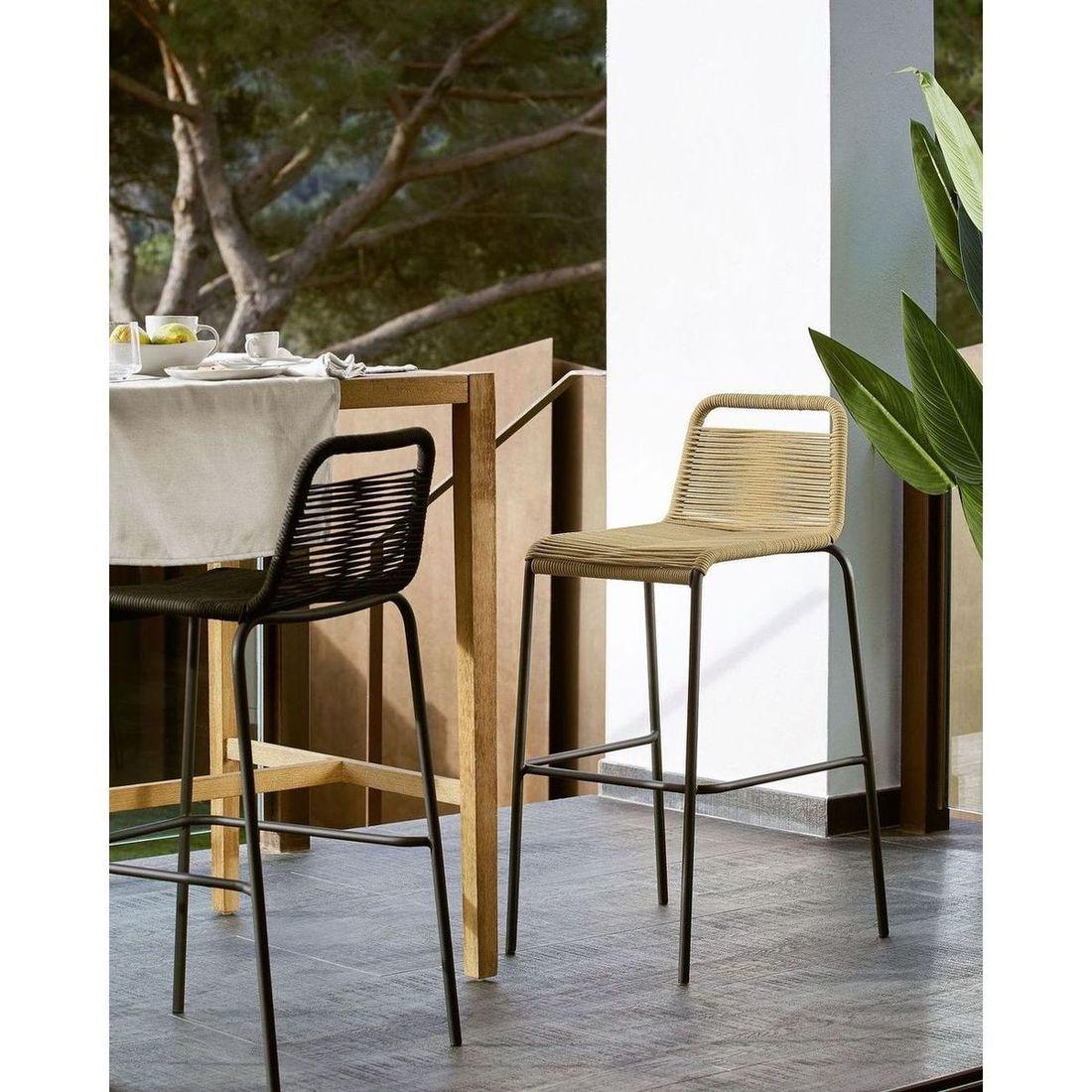 Barhocker Outdoor Garten Lambton aus braunem Seil und Stahl mit schwarzem Finish Höhe 74 cm