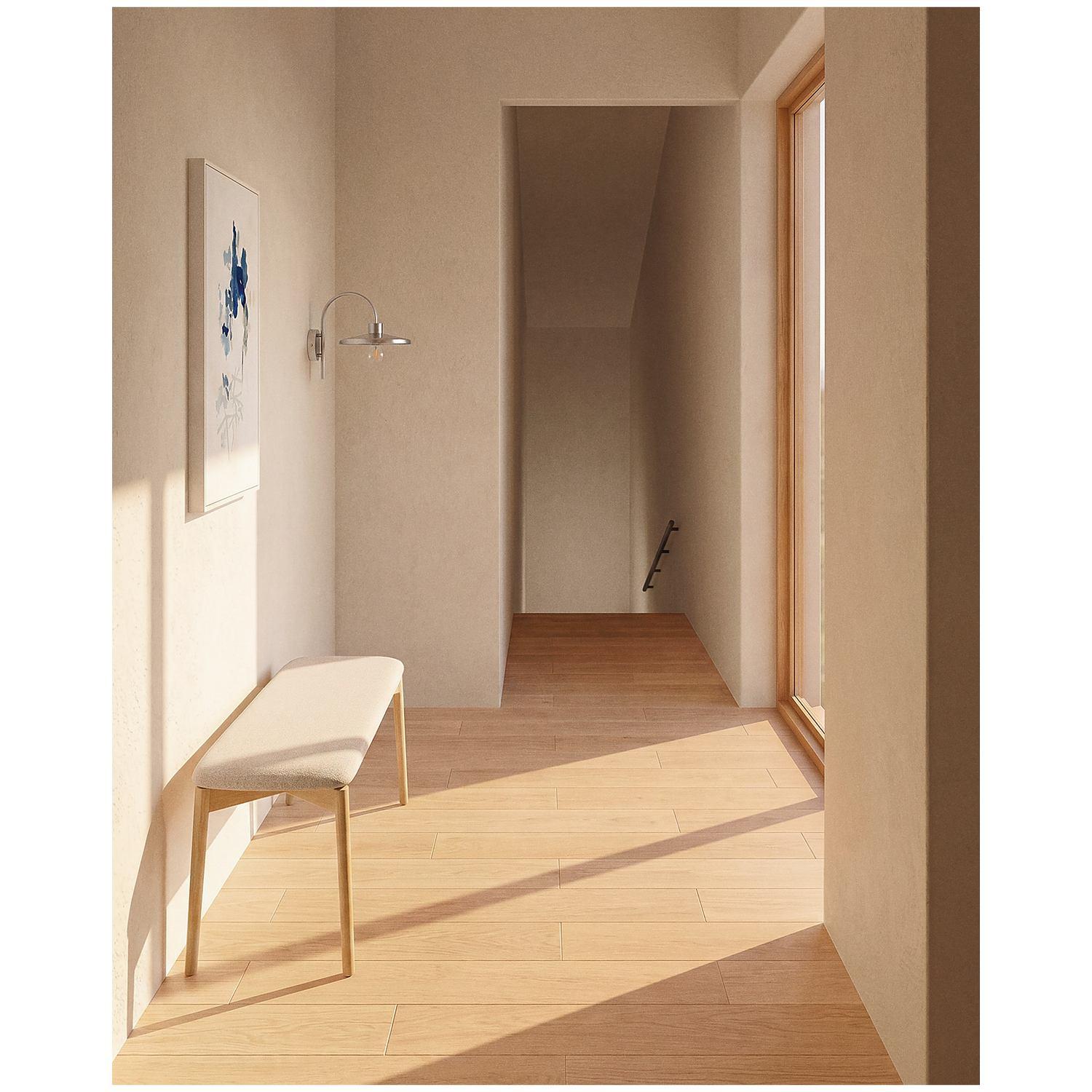Bank Evera aus Eichenfurnier mit naturfarbenem Finish und beiger Chenille 122 cm