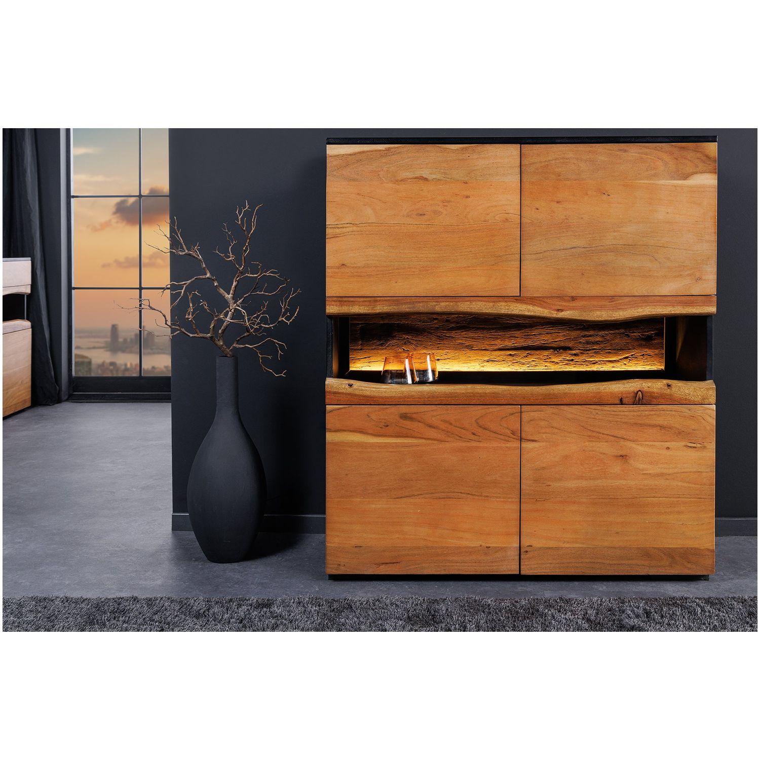 Hochkommode Baumkante Unikat Akazienholz natur schwarz 100x120 (mit LED Beleuchtung)