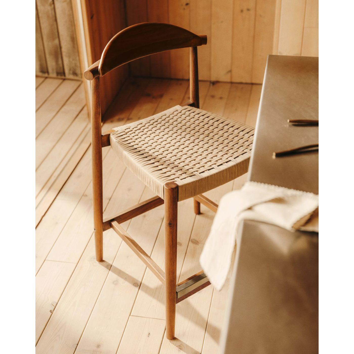 Barhocker aus Holz Nina Akazie Nussbaumfarbig Seil beige Sitzhöhe 62cm