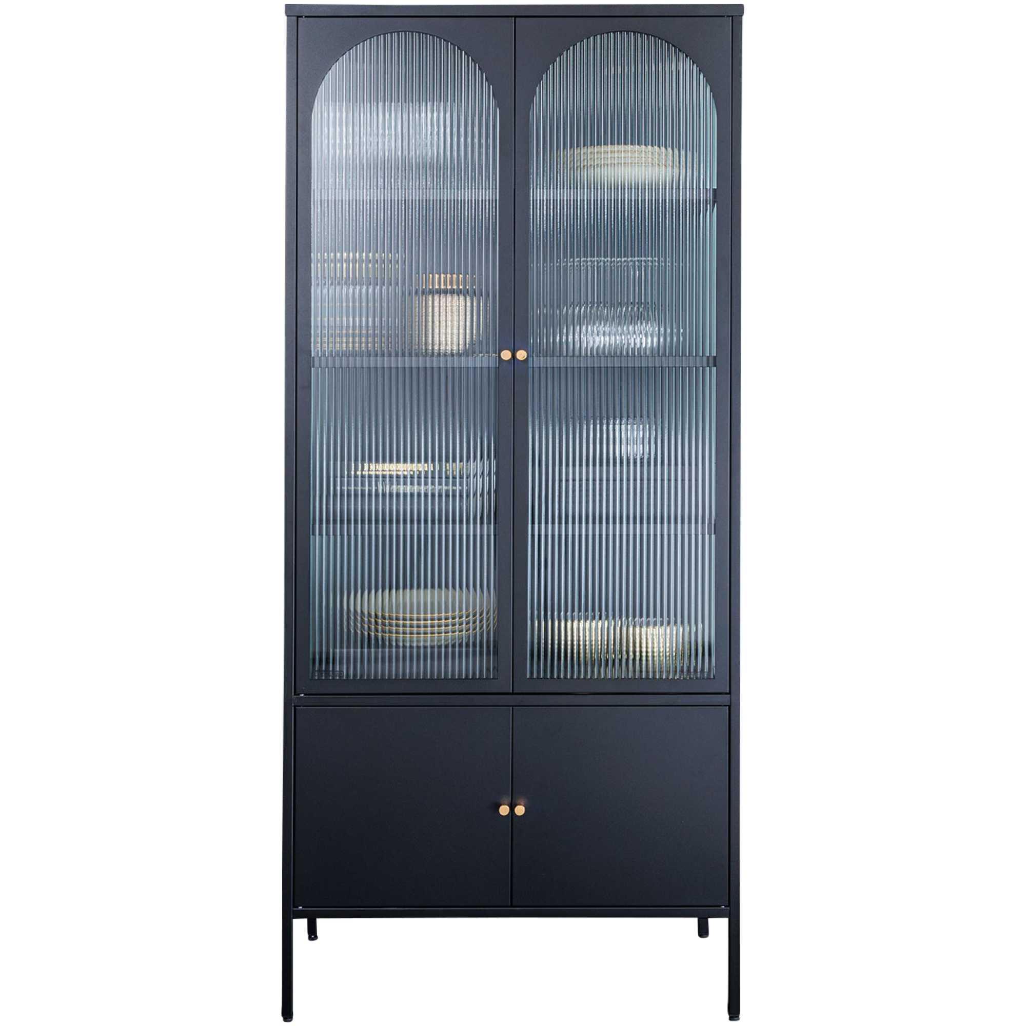 Standvitrine Cologne Metall schwarz geriffeltes Glas 80x180
