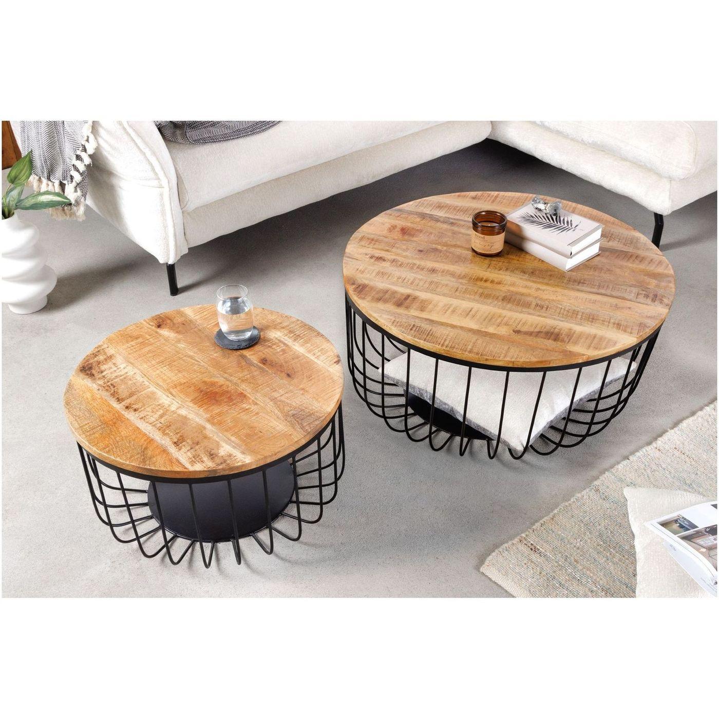 Couchtisch mit Aufbewahrungskorb Metall schwarz Mangoholz natur (2er-Set)