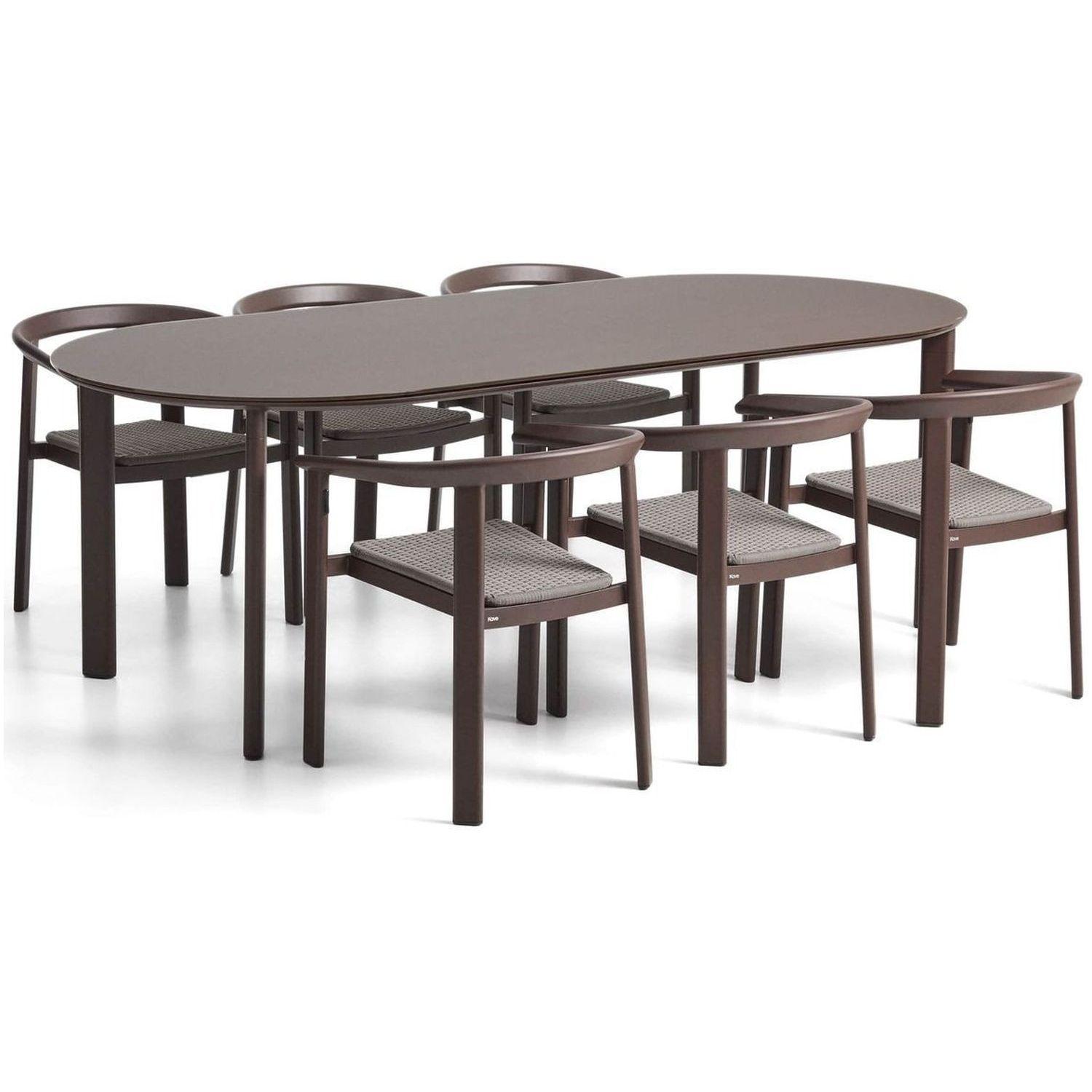 Set Erice mit 6 Stapelstühlen aus Aluminium und Seil und einem Tisch aus Aluminium und gehärtetem Glas in Braun