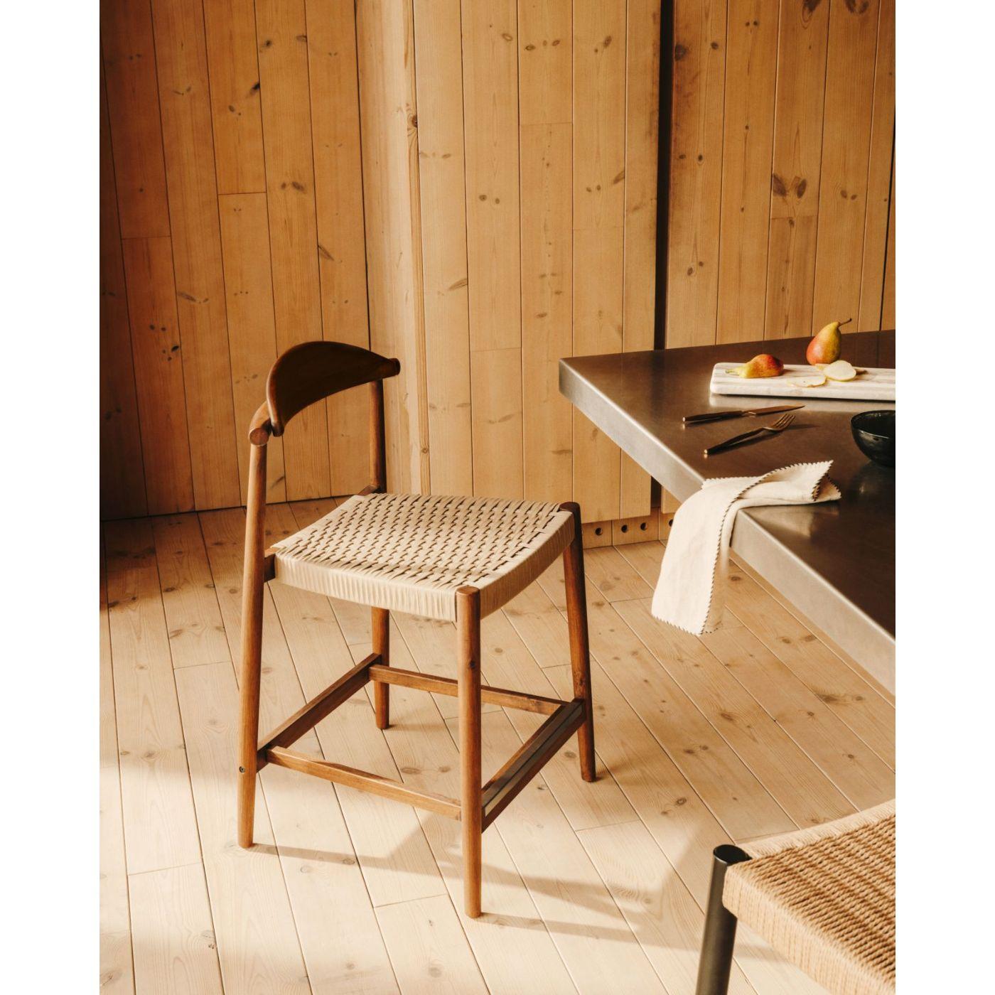 Barhocker aus Holz Nina Akazie Nussbaumfarbig Seil beige Sitzhöhe 62cm