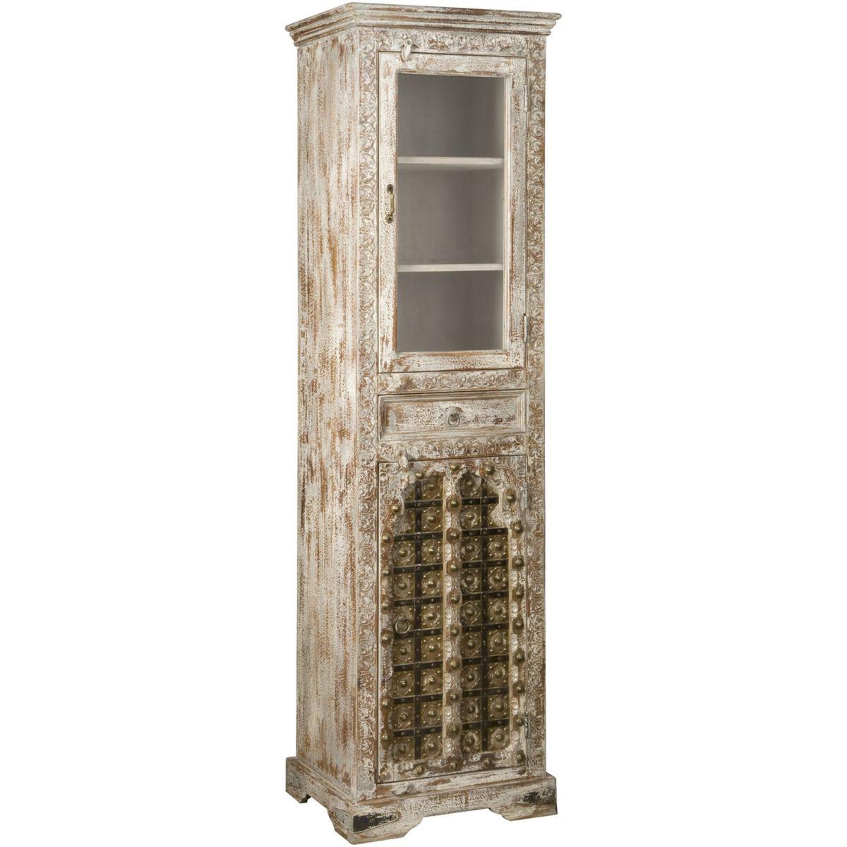 Vitrinenschrank Jamahra Shabby Chic Mangoholz weiss-grau 55x200