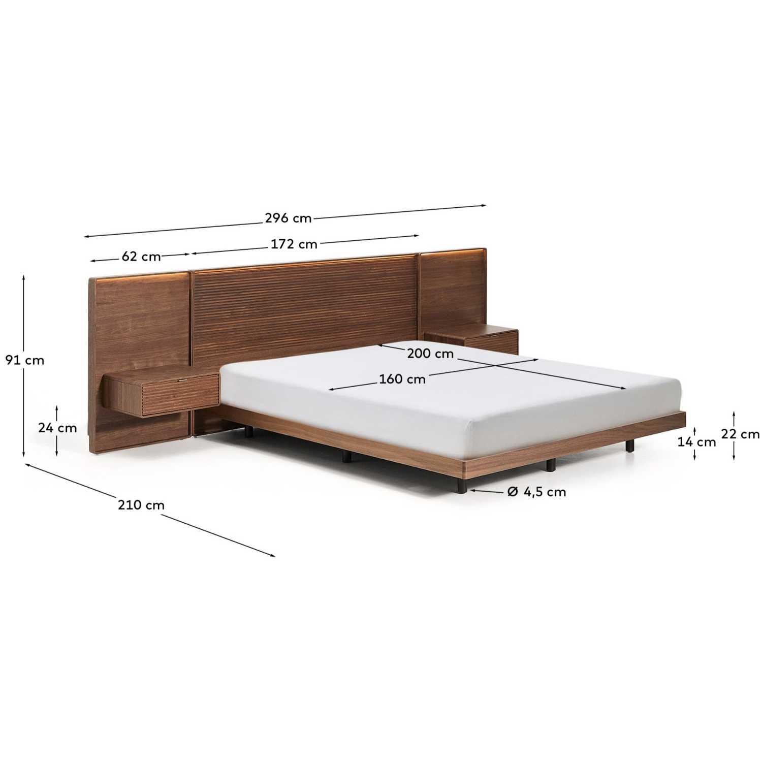 Bett Norlen mit zwei Nachttischen aus Nussbaumfurnier mit dunklem Finish und LED-Licht für Matratzen 160x200 FSC Mix Credit