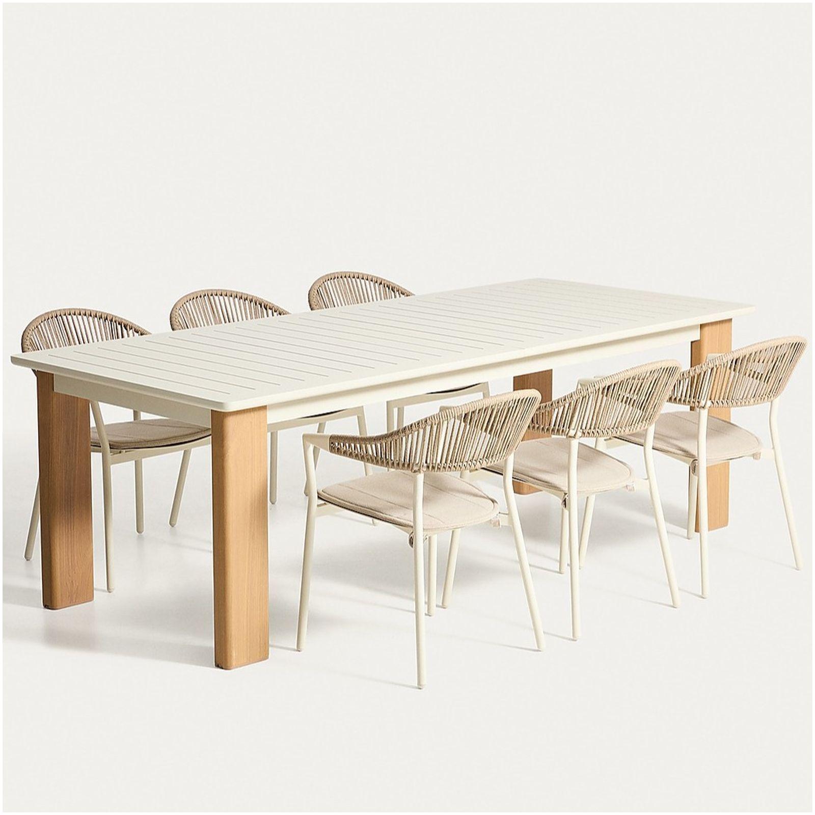 Set Ausziehtisch Livorno aus Aluminium in Ecru Beine in Holzoptik 6 Stühle Alimia aus Aluminium in Ecru und Synthetikseil Beige 233-350x100