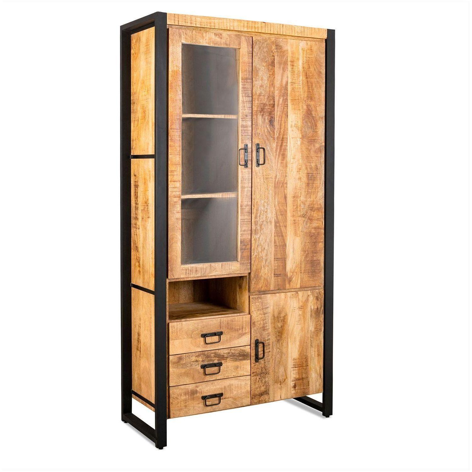 Standvitrine Iron Loft Mangoholz vintage Eisen 105x205 Türe links