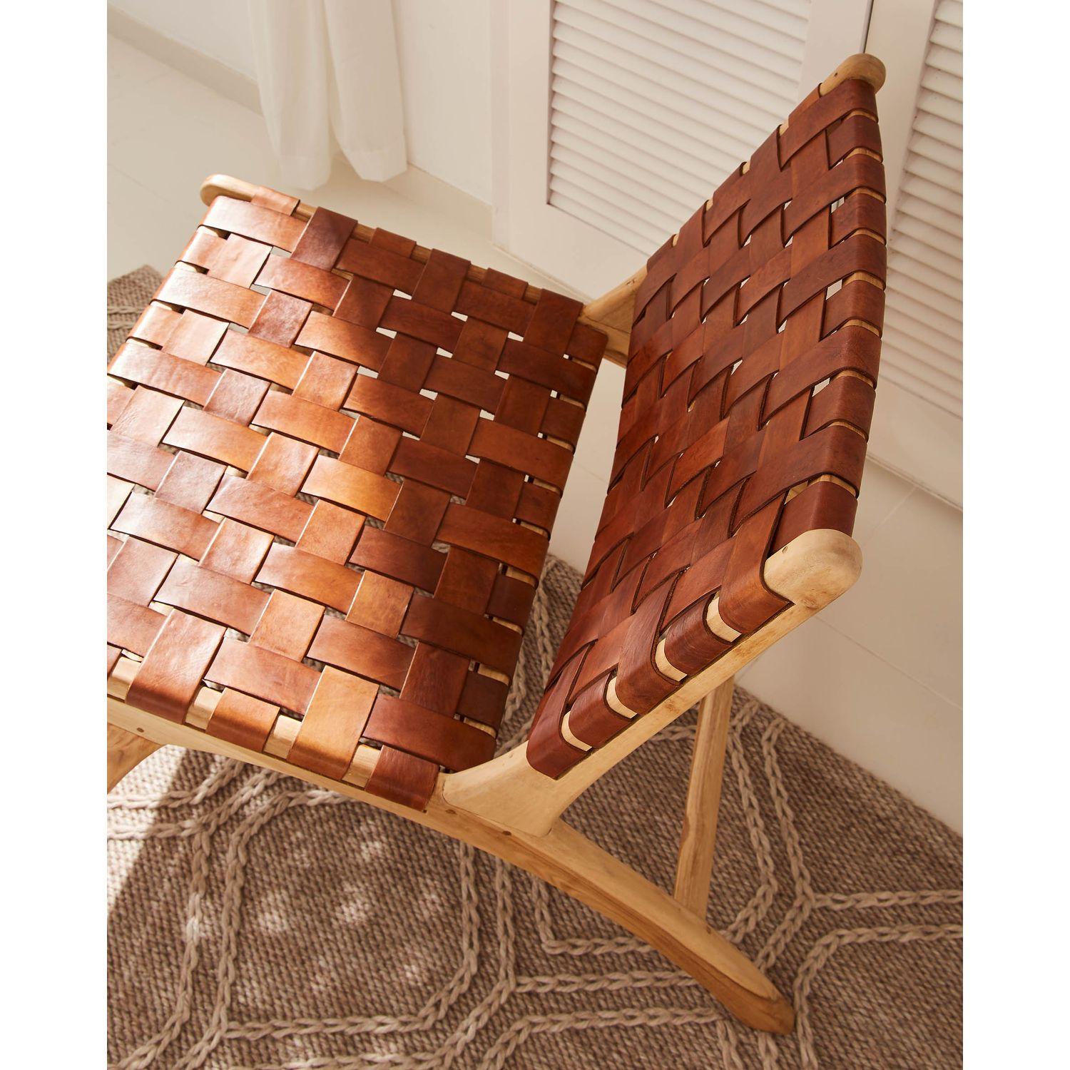 Holzsessel Calixta Teakholz Ledergeflecht braun