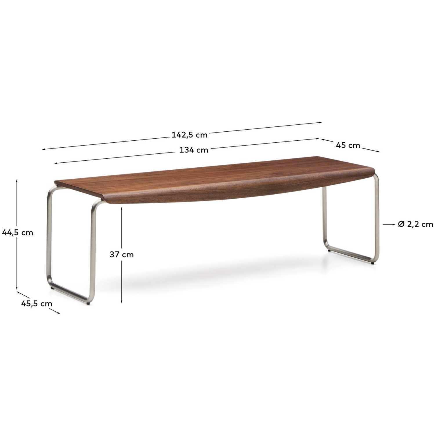 Holzbank Couchtisch Tarsel Nussbaumfurnier FSC 100% Gestell Edelstahl gebürstet 142cm