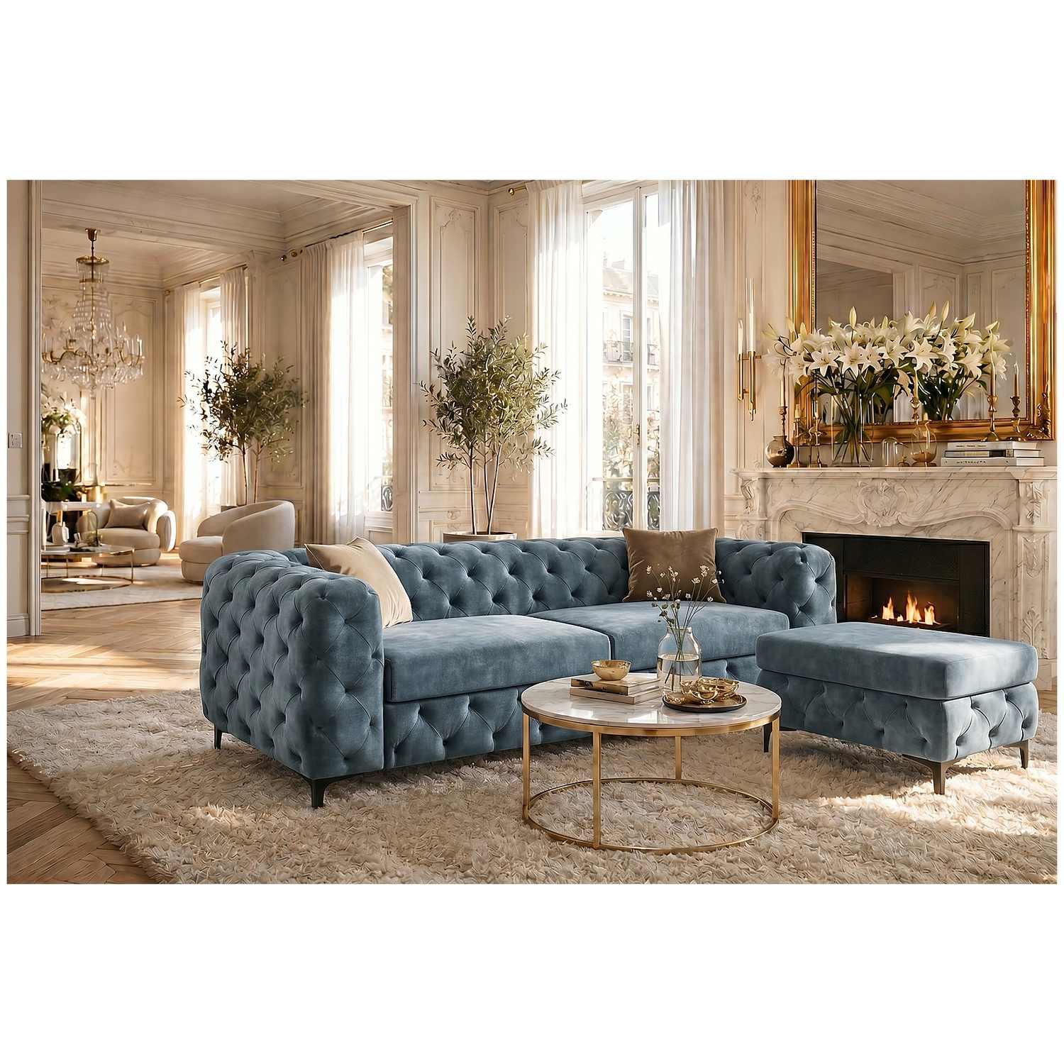 Chesterfield Polsterhocker Pomp Velvet Stoff blau petrol 95x62