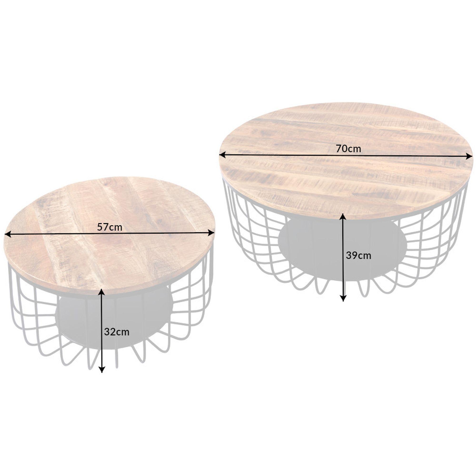 Couchtisch mit Aufbewahrungskorb Metall schwarz Mangoholz natur (2er-Set)
