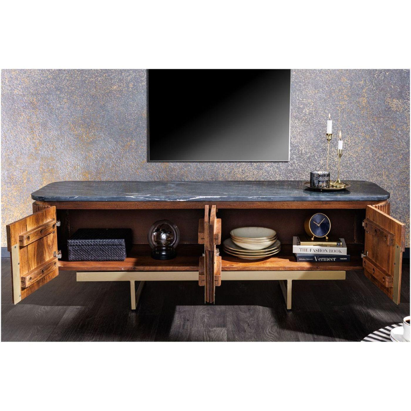 TV Board Lowboard abgerundet Cazeno Gold Marmor Mangoholz braun 160
