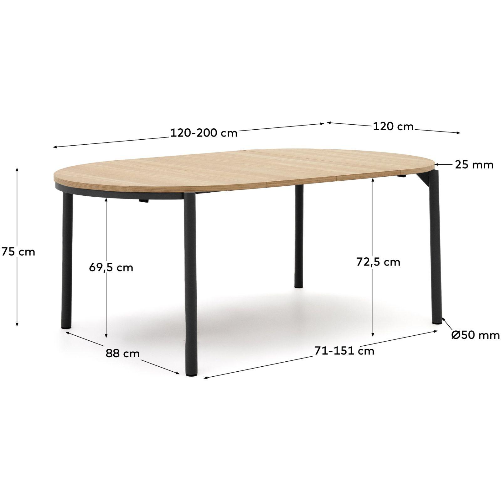 Ausziehtisch rund Montuiri Eichenfurnier natur Stahlbeine schwarz 120-200x120