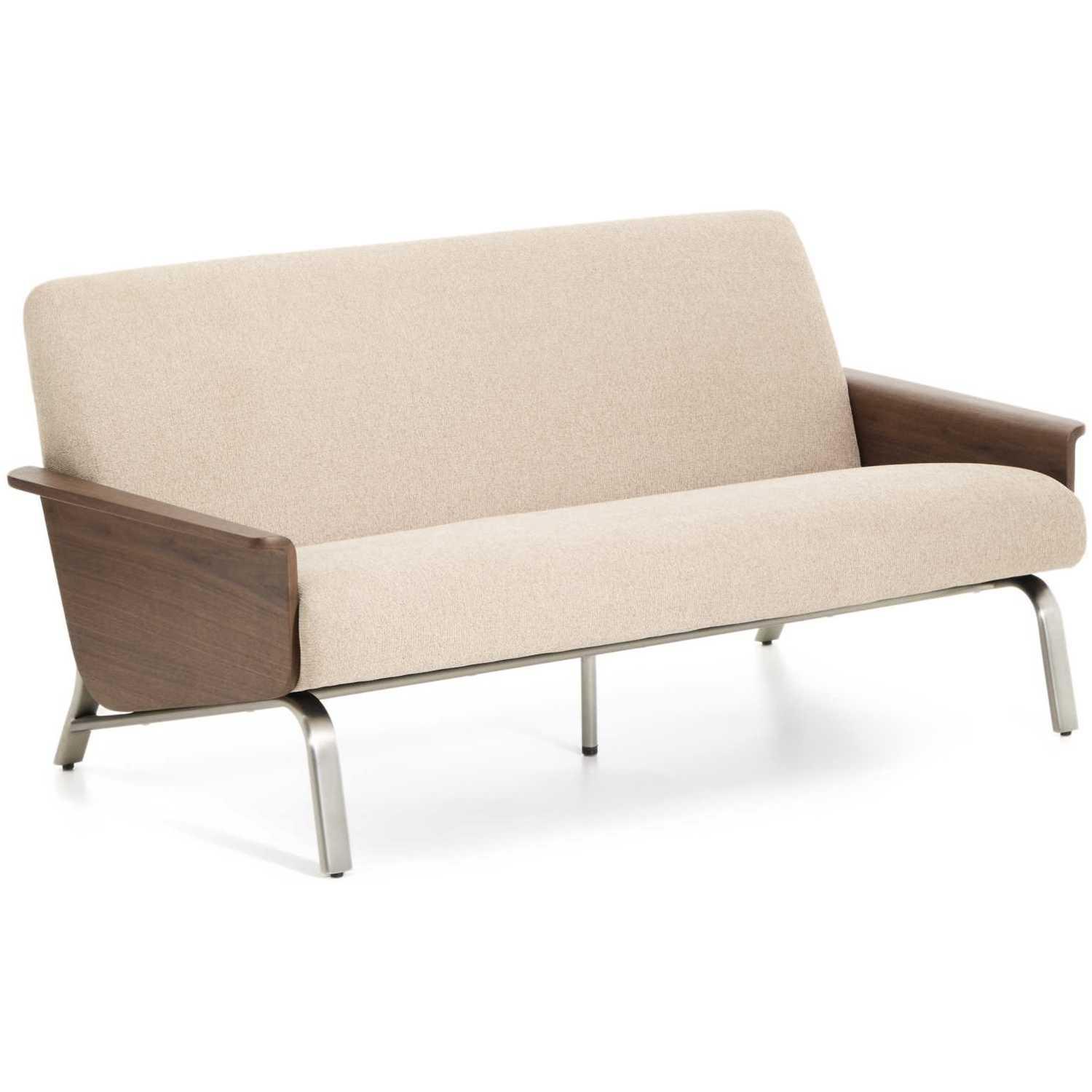 2-Sitzer-Sofa Amsen Nussbaumfurnier Chenille Stoff hellbraun Beine Edelstahl gebürstetet 150 FSC 100%