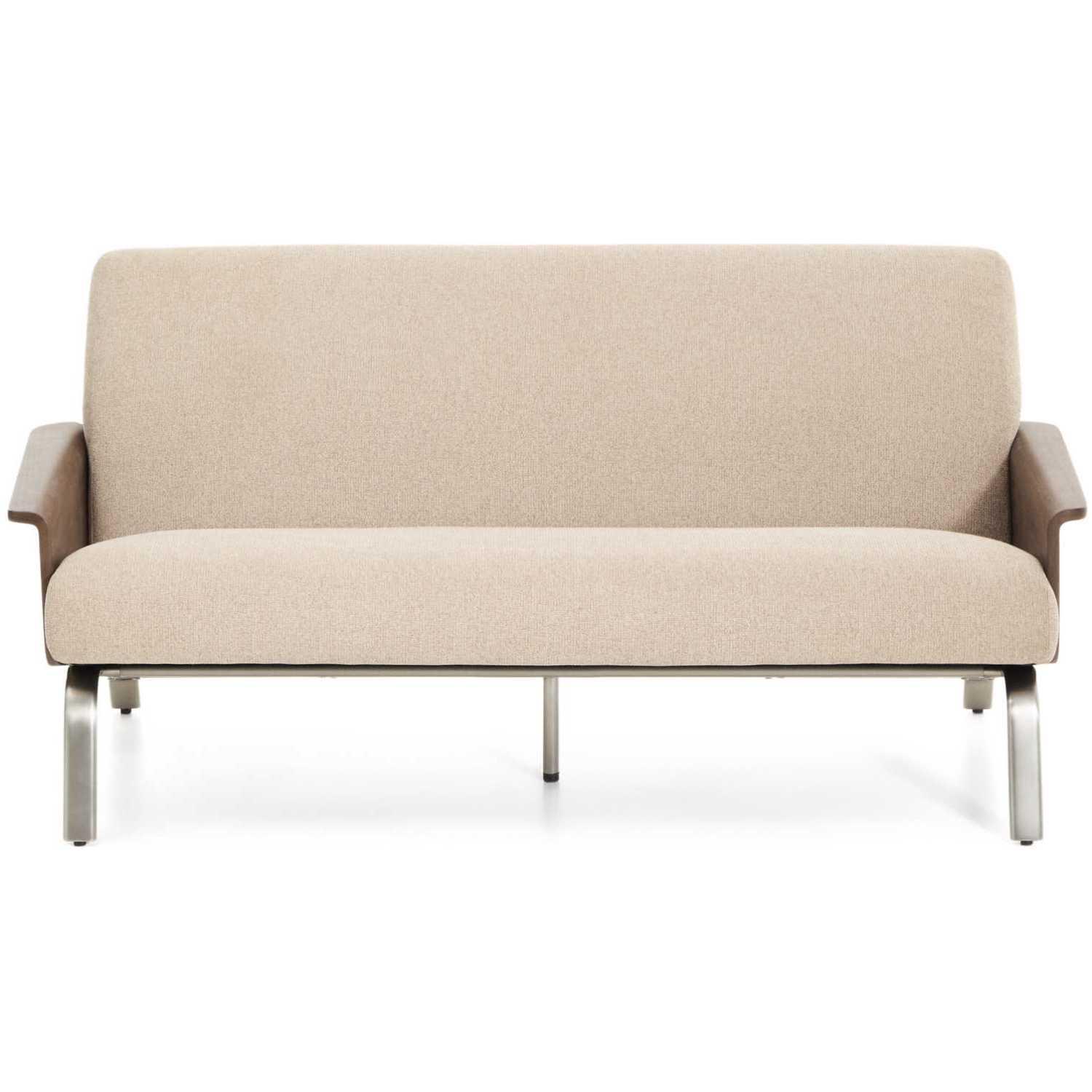 2-Sitzer-Sofa Amsen Nussbaumfurnier Chenille Stoff hellbraun Beine Edelstahl gebürstetet 150 FSC 100%