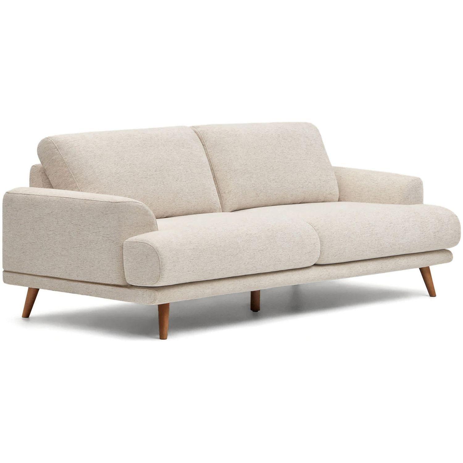 2-Sitzer-Sofa Karin aus beiger Chenille mit Beinen aus massivem Buchenholz walnussfarbig