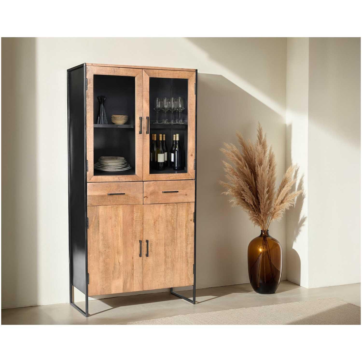 Standvitrine Elena Industrial Mangoholz natur Metall schwarz 90x180