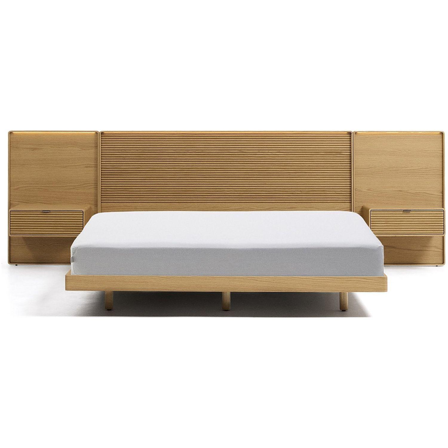 Bett Norlen mit 2 Nachttischen aus Eichenfurnier mit naturfarbenem Finish und LED-Licht für Matratzen 160x200 FSC Mix Credit