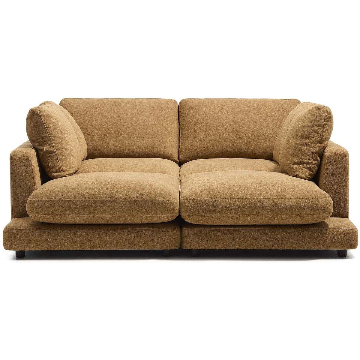 3-Sitzer-Sofa Gala aus Microbouclé mit doppelter Chaiselongue in Senfgelb FSC Mix Credit 210x193