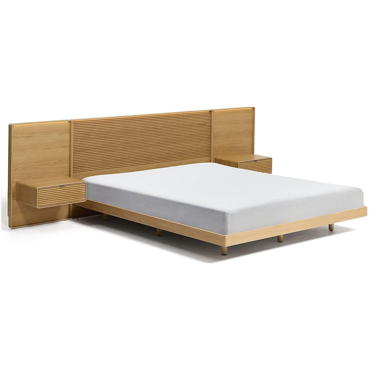 Bett Norlen mit 2 Nachttischen aus Eichenfurnier mit naturfarbenem Finish und LED-Licht für Matratzen 160x200 FSC Mix Credit